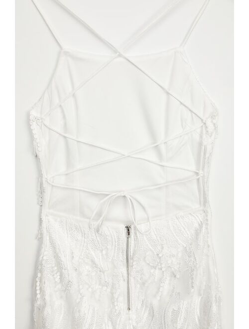 Lulus Making Magic White Fringe Lace-Up Mini Dress