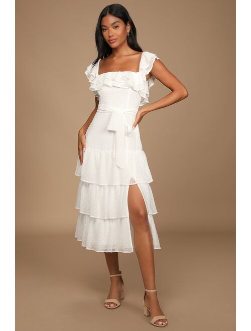 Lulus Dear To My Heart White Swiss Dot Tiered Ruffled Midi Dress