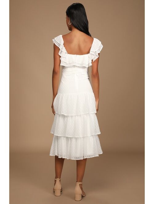 Lulus Dear To My Heart White Swiss Dot Tiered Ruffled Midi Dress