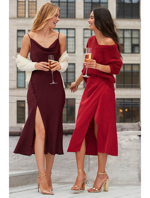 Lulus Slinking Out Loud Burgundy Satin Side Button Slip Dress