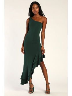 Steal a Glance Forest Green One-Shoulder Asymmetrical Midi Dress