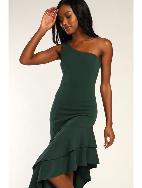 Lulus Steal a Glance Forest Green One-Shoulder Asymmetrical Midi Dress