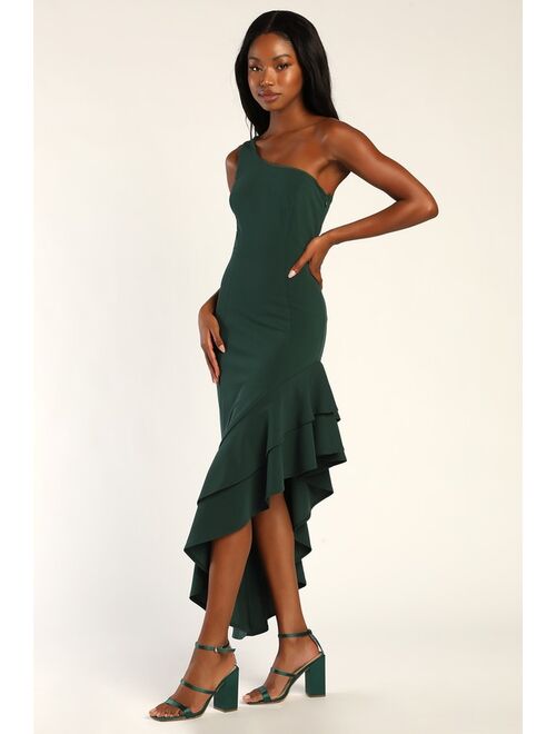 Lulus Steal a Glance Forest Green One-Shoulder Asymmetrical Midi Dress