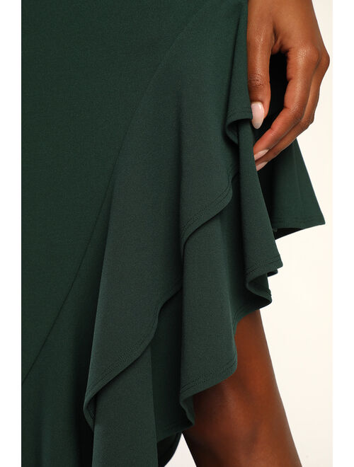 Lulus Steal a Glance Forest Green One-Shoulder Asymmetrical Midi Dress