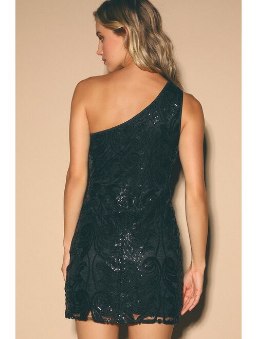 Lulus Madina Black Sequin One-Shoulder Bodycon Mini Dress