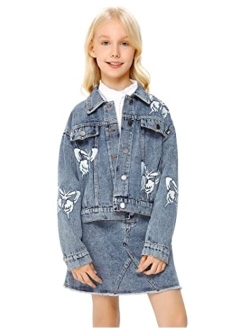 Kukume Girl Denim Jacket Long Sleeve Butterfly Print Metal Buttons Jean Jacket For Girl 3-12 Years