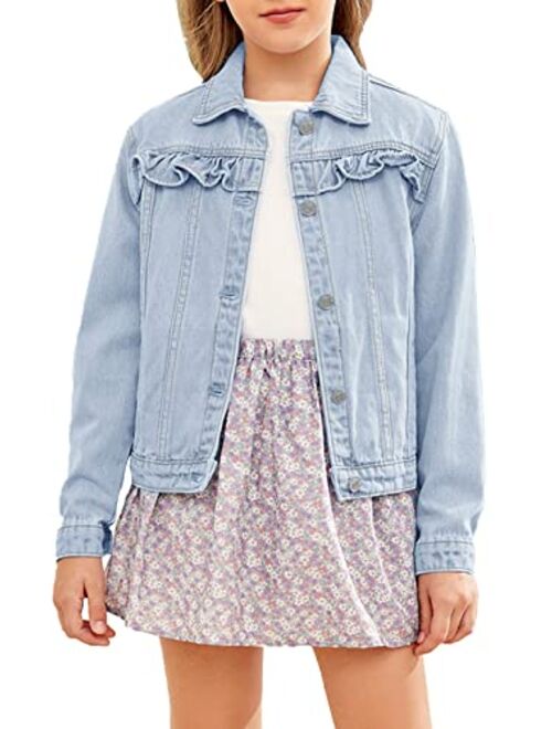 Xineppu Girl Buttons Jean Jacket Denim Pockets Basic Spring Outwear 5-14 Years Old