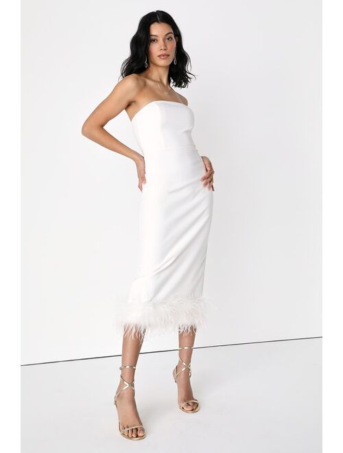 Lulus Feather Late Than Never White Strapless Feather Midi Dress