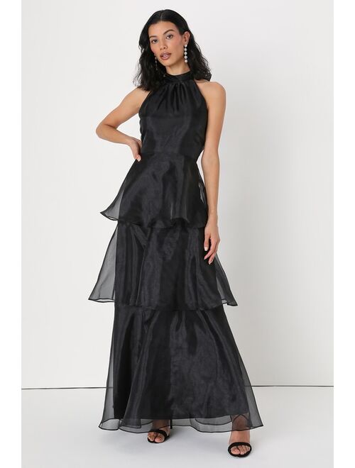 Lulus Perfect Beauty Black Organza Backless Tiered Maxi Dress