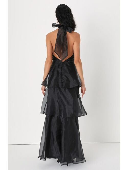 Lulus Perfect Beauty Black Organza Backless Tiered Maxi Dress