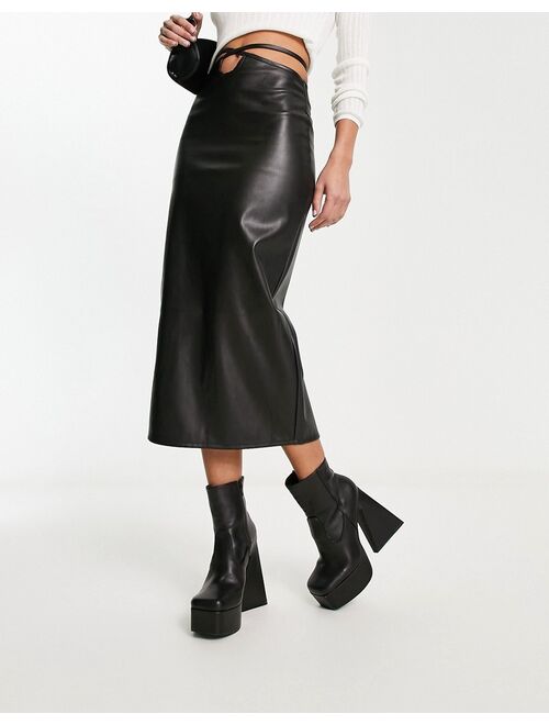 Violet Romance faux leather strappy waist midi skirt in black