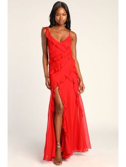 Tier Desire Red Tiered Ruffled Lace-Up Maxi Dress