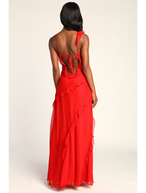 Lulus Tier Desire Red Tiered Ruffled Lace-Up Maxi Dress