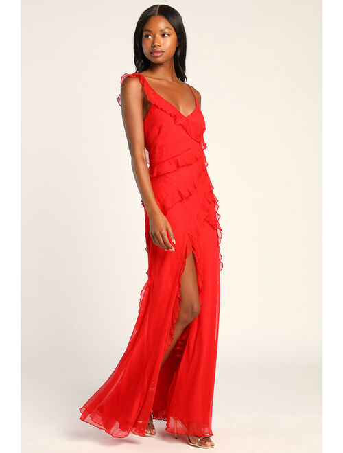 Lulus Tier Desire Red Tiered Ruffled Lace-Up Maxi Dress