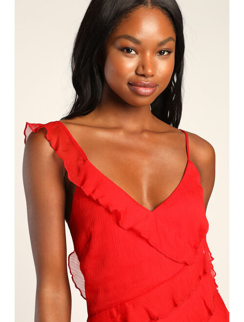 Lulus Tier Desire Red Tiered Ruffled Lace-Up Maxi Dress