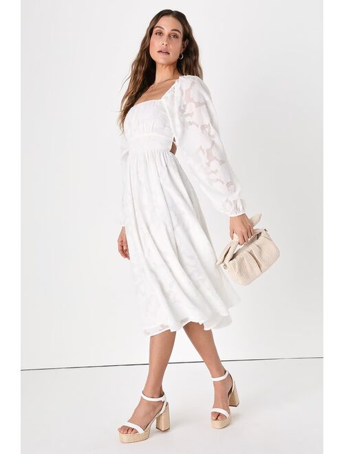 Lulus Flirtatious Nature White Floral Jacquard Lace-Up Midi Dress