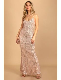 Endless Festivities Rose Gold Sequin Fringe Lace-Up Maxi Dress