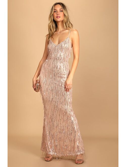 Lulus Endless Festivities Rose Gold Sequin Fringe Lace-Up Maxi Dress