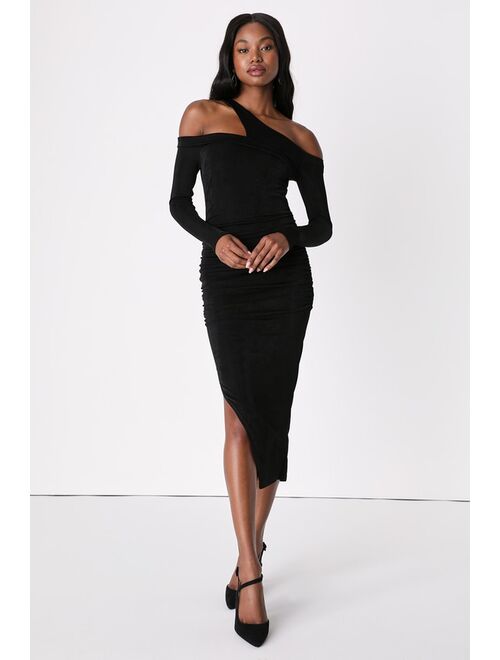 Lulus Sensationally Dramatic Black Off-The-Shoulder Bodycon Midi Dress