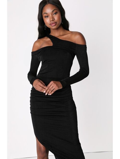 Lulus Sensationally Dramatic Black Off-The-Shoulder Bodycon Midi Dress