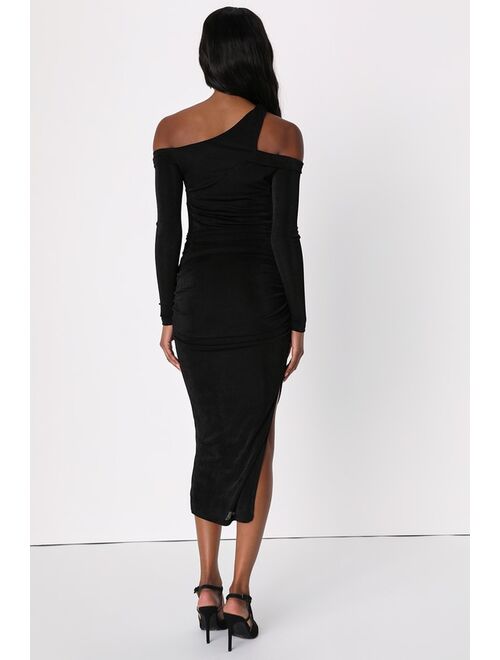 Lulus Sensationally Dramatic Black Off-The-Shoulder Bodycon Midi Dress