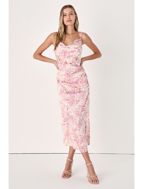 Lulus Truest Romance Pink Floral Print Sleeveless Ruched Midi Dress