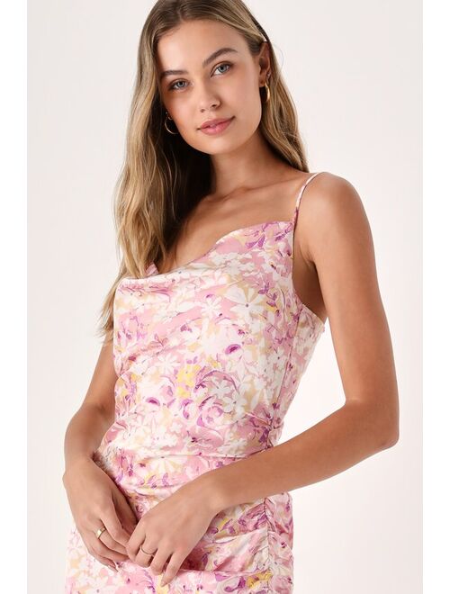 Lulus Truest Romance Pink Floral Print Sleeveless Ruched Midi Dress