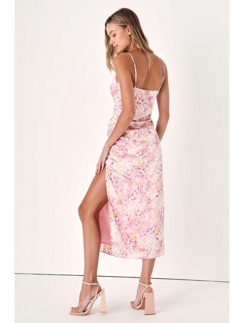 Lulus Truest Romance Pink Floral Print Sleeveless Ruched Midi Dress