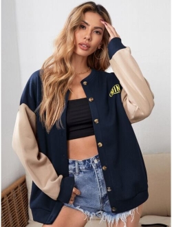 Letter Graphic Colorblock Drop Shoulder Button Front Jacket