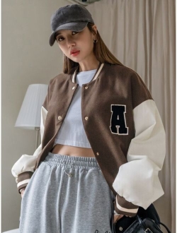 Letter Patched Color Block Drop Shoulder Varsity Jacket