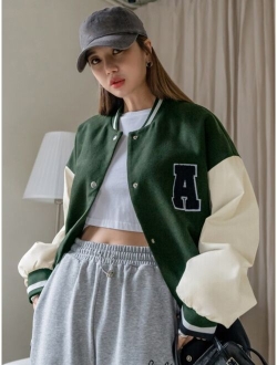 Letter Patched Color Block Drop Shoulder Varsity Jacket