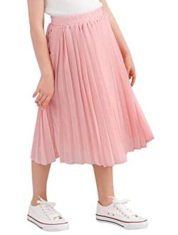 GORLYA Girls Chiffon Pleated Elastic High Waist A-Line Boho Swing Maxi Long Skirt 4-14T