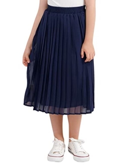 GORLYA Girls Chiffon Pleated Elastic High Waist A-Line Boho Swing Maxi Long Skirt 4-14T