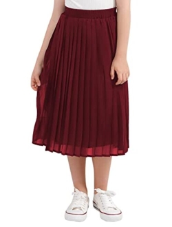 GORLYA Girls Chiffon Pleated Elastic High Waist A-Line Boho Swing Maxi Long Skirt 4-14T