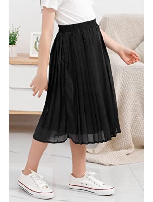 GORLYA Girls Chiffon Pleated Elastic High Waist A-Line Boho Swing Maxi Long Skirt 4-14T