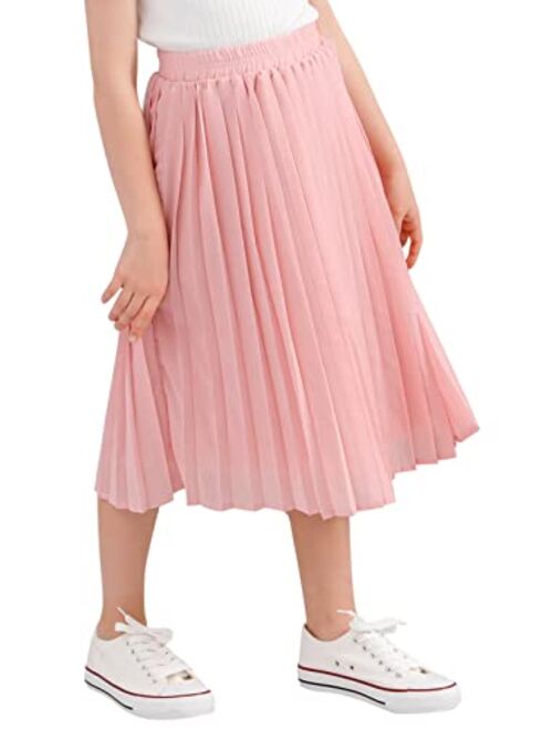 GORLYA Girls Chiffon Pleated Elastic High Waist A-Line Boho Swing Maxi Long Skirt 4-14T