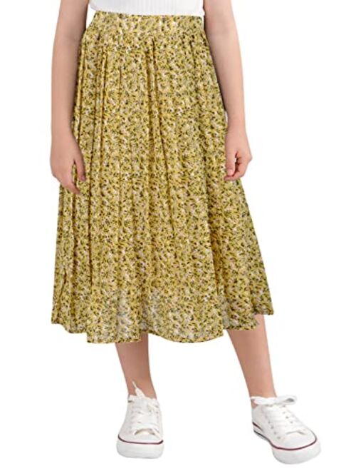 GORLYA Girls Chiffon Pleated Elastic High Waist A-Line Boho Swing Maxi Long Skirt 4-14T