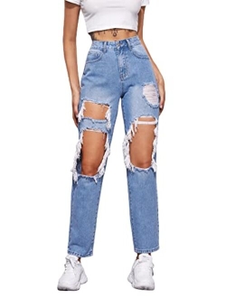 Women's High Waist Straight Leg Ripped Jeans Distressed Denim Pants