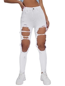 Women's High Waist Straight Leg Ripped Jeans Distressed Denim Pants