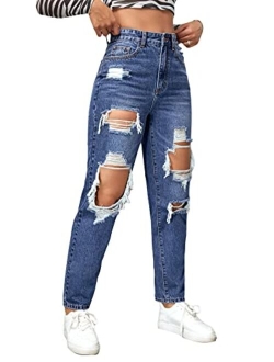 Women's High Waist Straight Leg Ripped Jeans Distressed Denim Pants