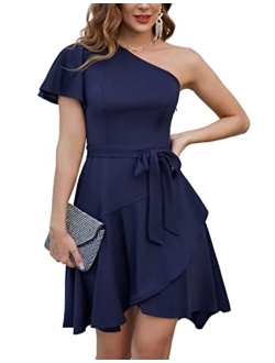 One Shoulder Dresses for Women Ruffle Short Sleeve A Line Cocktail Dresses Evening Party Dress with Belt