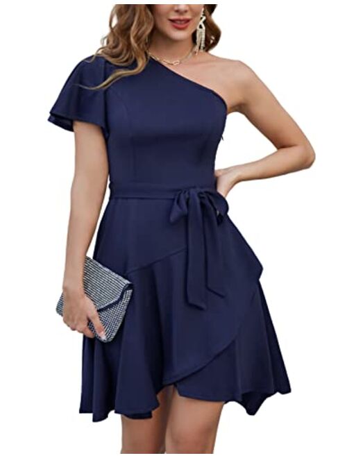 GRACE KARIN One Shoulder Dresses for Women Ruffle Short Sleeve A Line Cocktail Dresses Evening Party Dress with Belt