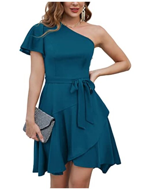 GRACE KARIN One Shoulder Dresses for Women Ruffle Short Sleeve A Line Cocktail Dresses Evening Party Dress with Belt