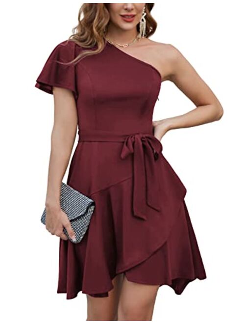 GRACE KARIN One Shoulder Dresses for Women Ruffle Short Sleeve A Line Cocktail Dresses Evening Party Dress with Belt