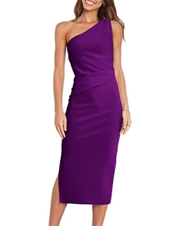 Women's Summer One Shoulder Ruched Bodycon Sleeveless Slit Cocktail Party Wedding Midi Dresses