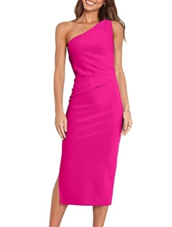 Women's Summer One Shoulder Ruched Bodycon Sleeveless Slit Cocktail Party Wedding Midi Dresses