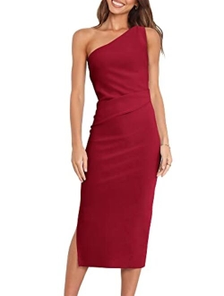 Women's Summer One Shoulder Ruched Bodycon Sleeveless Slit Cocktail Party Wedding Midi Dresses