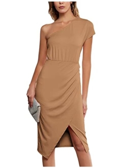 Womens Summer Bodycon Wrap Dress One Shoulder Slit Midi Dress