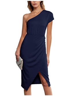 Womens Summer Bodycon Wrap Dress One Shoulder Slit Midi Dress