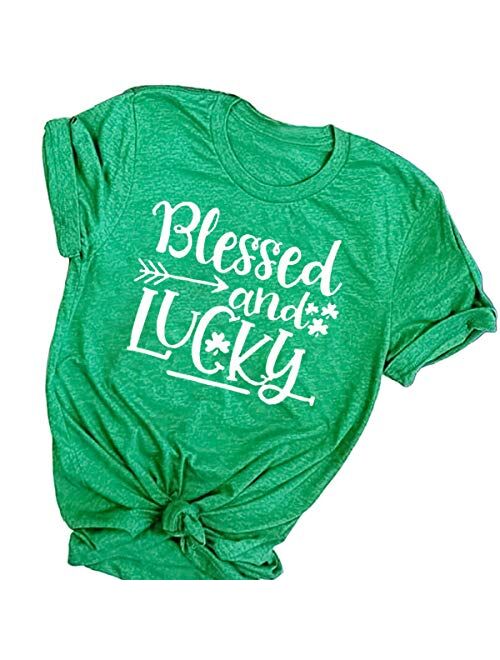 Beopjesk Womens St Patrick's Day Clover T-Shirt Blessed and Lucky Graphic Tees I'm One Lucky Mama Tops